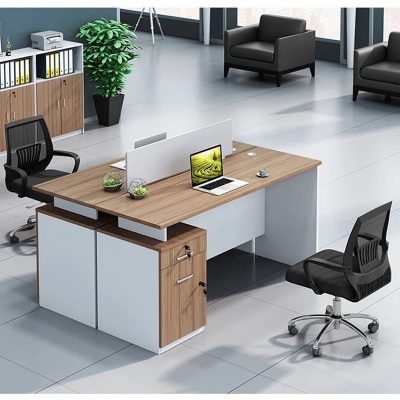 Bàn cụm làm việc văn phòng 2 người hiện đại, gỗ công nghiệp kết hợp hộc tủ khóa, phù hợp nội thất văn phòng Bình Dương.