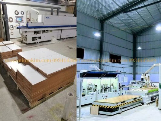 Xưởng sản xuất nội thất Kim Kim tại Bình Dương với máy móc hiện đại và nguyên liệu gỗ công nghiệp chất lượng cao.