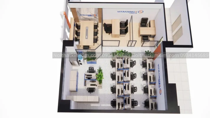 Layout thiết kế nội thất văn phòng nhỏ 50 đến 100m² tại Bình Dương – cụm bàn 6 chỗ và ghế xoay..