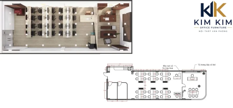 Phương án thiết kế layout văn phòng 20 đến 30 người thể hiện phối cảnh 3D và bản vẽ bố trí bàn ghế.