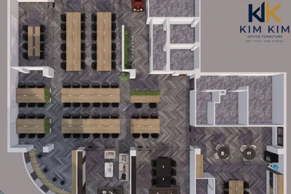 Layout 3D văn phòng quy mô lớn với các cụm bàn làm việc, phòng chức năng, khu quản lý và khu tiếp khách.