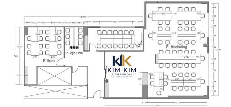 Bản vẽ mặt bằng bố trí văn phòng 50 người gồm khu Sale, vận đơn, Marketing, phòng họp và lối đi.