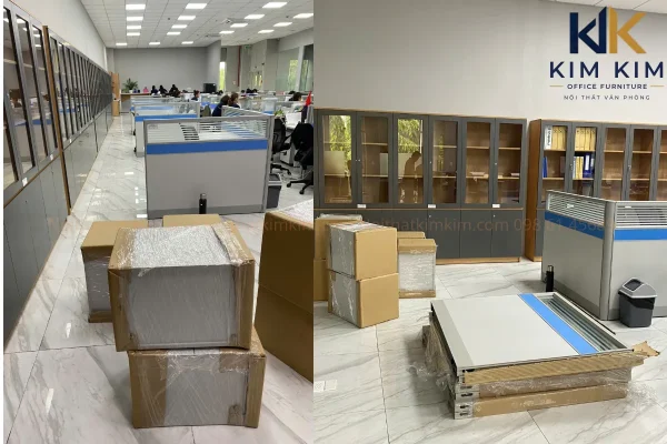 Các kiện nội thất, tấm bàn và tủ hồ sơ được tập kết để lắp đặt tại văn phòng Công ty Button Việt Nam.